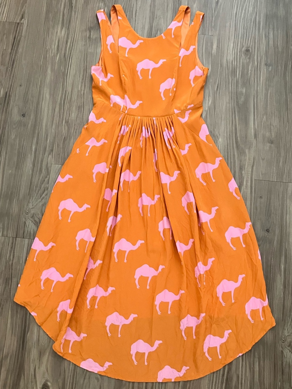 Anthropologie Orange Midi Dress with Pink Camel Print